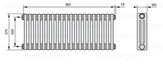 Схема (чертеж) Радиатор Zehnder Charleston 3057/20 №1270 Technoline TL